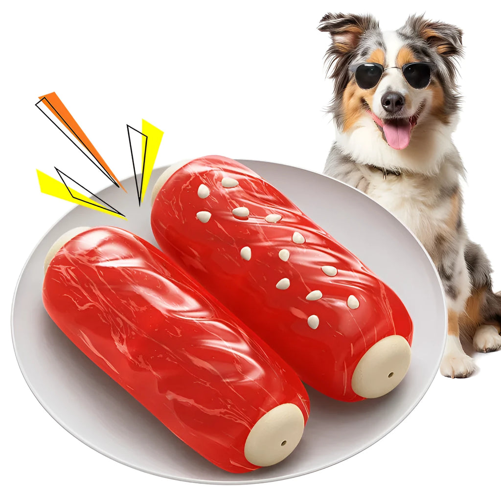 A primary-colour plastic molar rod dog chew toy with textured surfaces and a treat cavity.