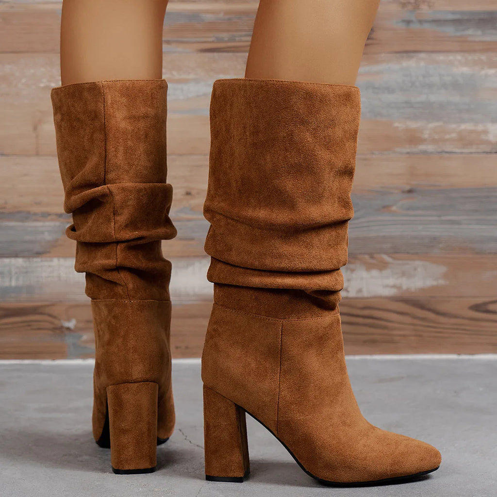 Camel suede high heel boots for women square heel above 8cm slip-on oversleeves style round toe