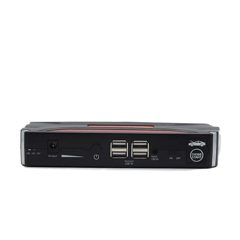 Black and red 12V emergency starting power supply with 7800mAh capacity for vehicle battery jump-starting