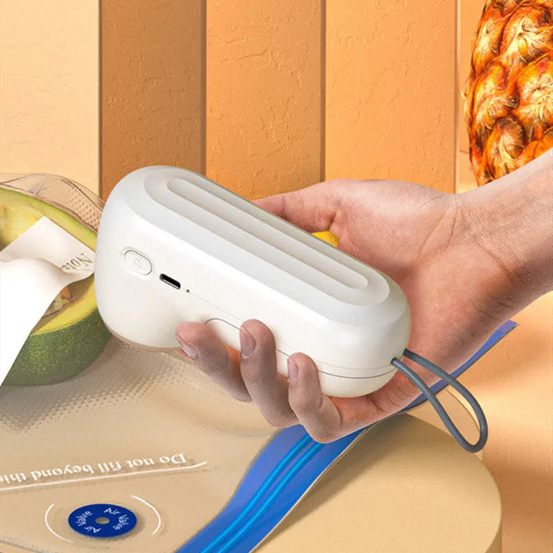 White hand-held vacuum sealing machine with USB charging, compact 54x63x132mm size, ABS plastic construction