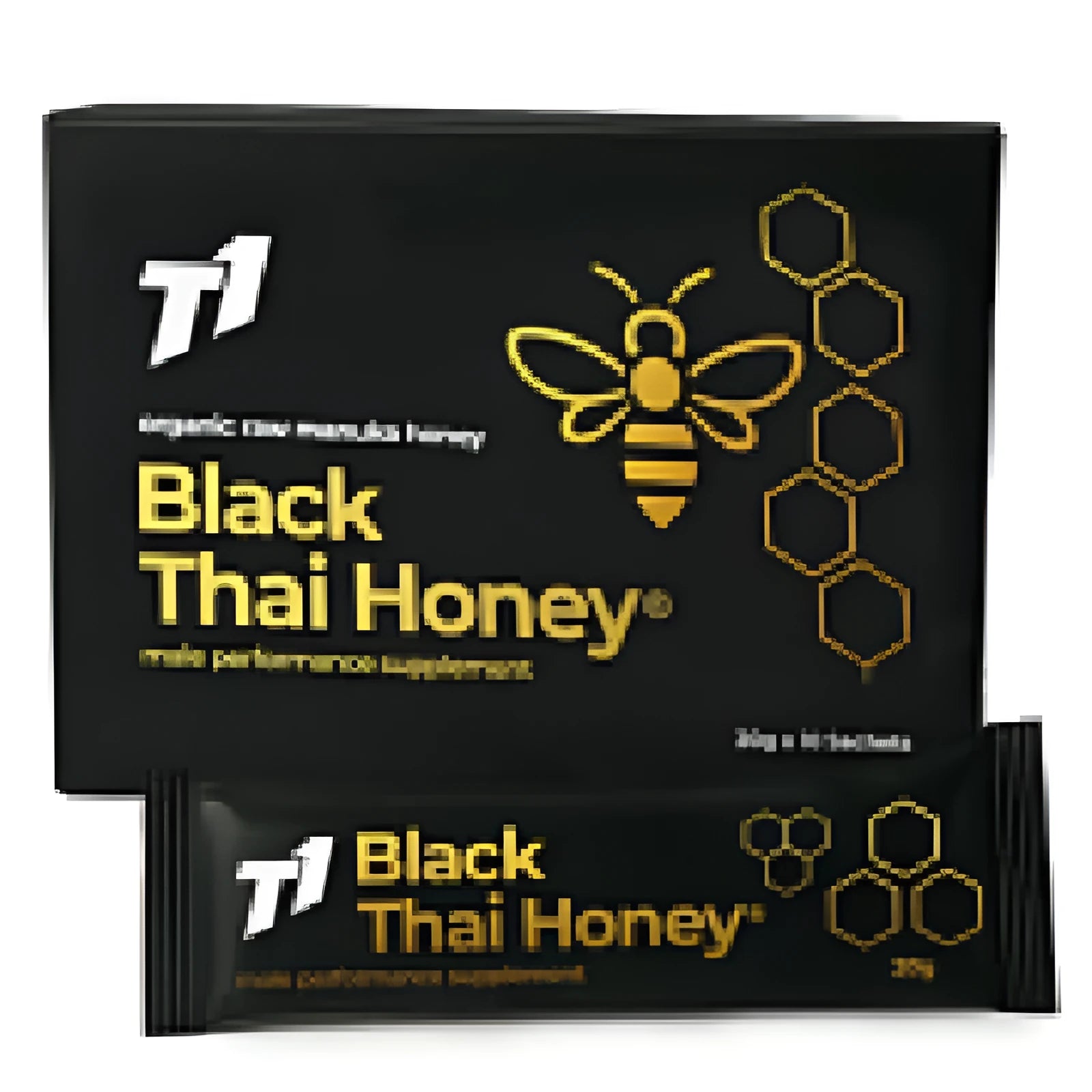 Jar of dark black T1 Thai forest honey with thick texture on a wooden surface