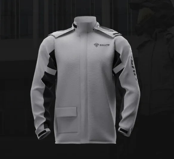 Adult motorcycle rain suit set including raincoat, trousers, and hidden shoe covers.