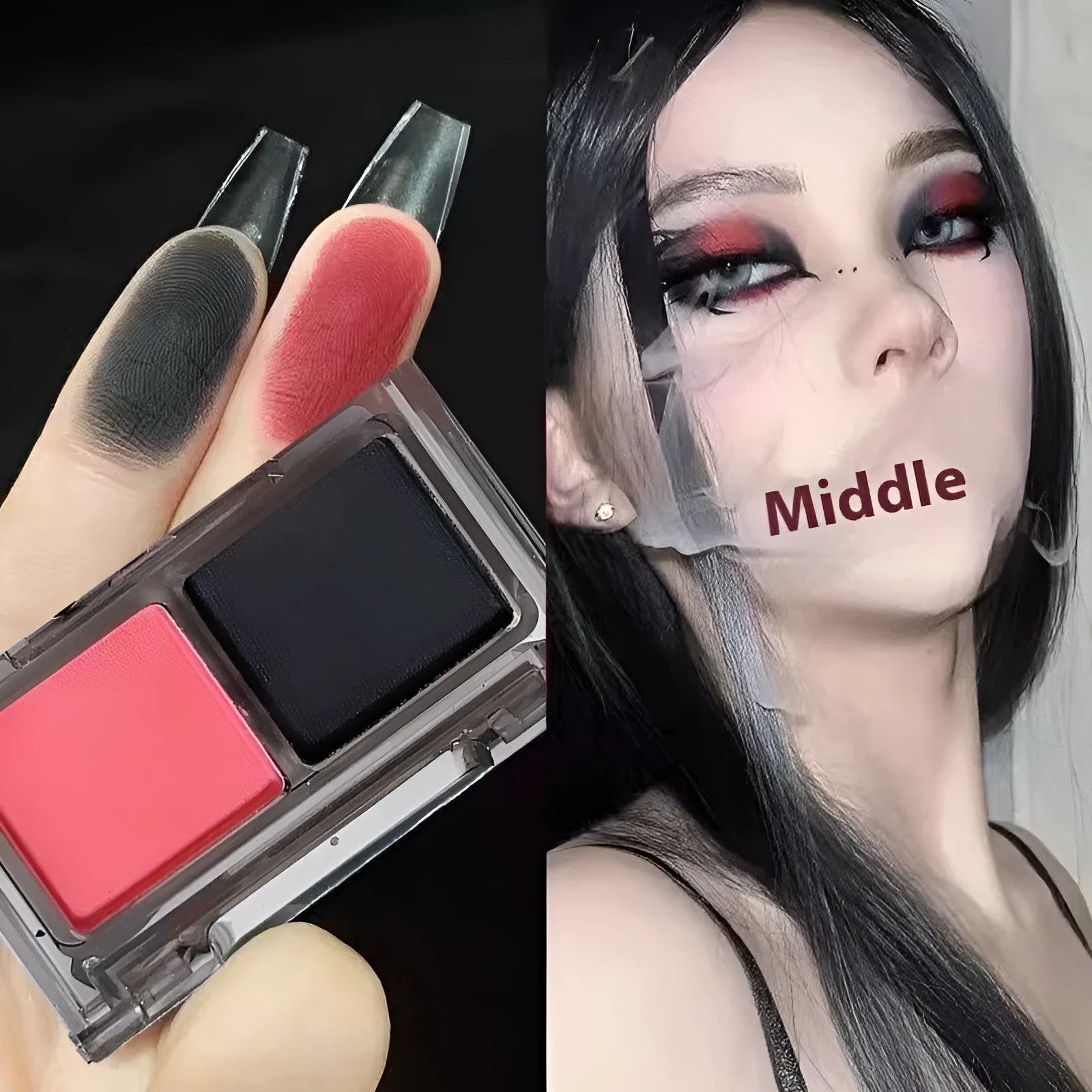 Cool two-tone eyeshadow palette showing pink and black matte and shimmer shades for punk and festival makeup looks