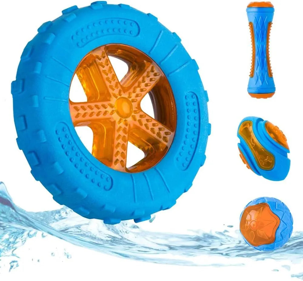 Set of three TPR dog toys: a ball, a barbell, and a tyre with bumpy textures, floating in water.