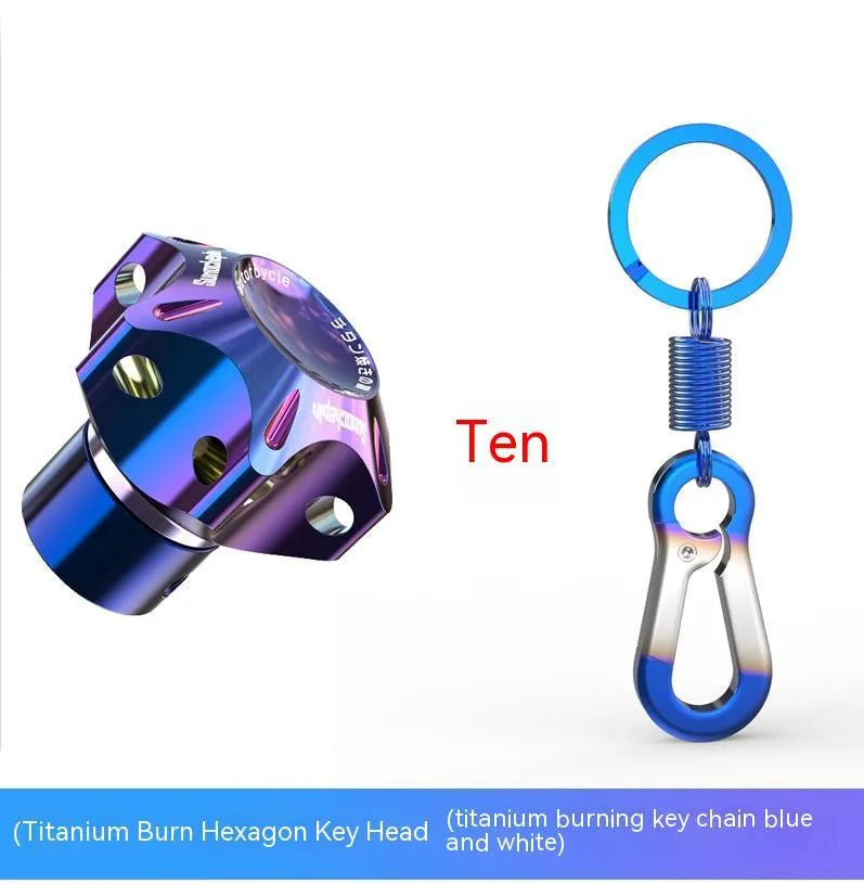 Motorcycle key head cover in T6 aluminium alloy showing hexagonal, five-pointed star and plum blossom designs