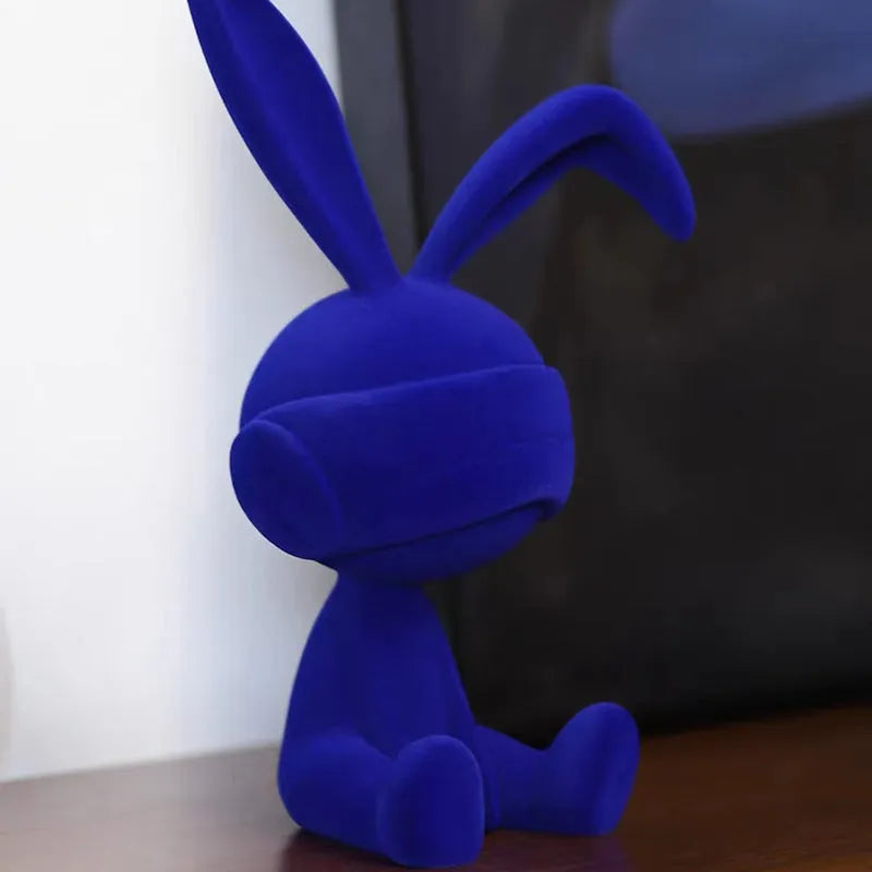 Resin rabbit table ornament with suede blindfold in blue, green or red colour options