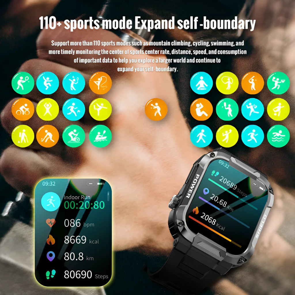 Intelligent three-prevention watch with Bluetooth call, heart rate monitor, 1.85 inch touch screen, silicone strap, black colour