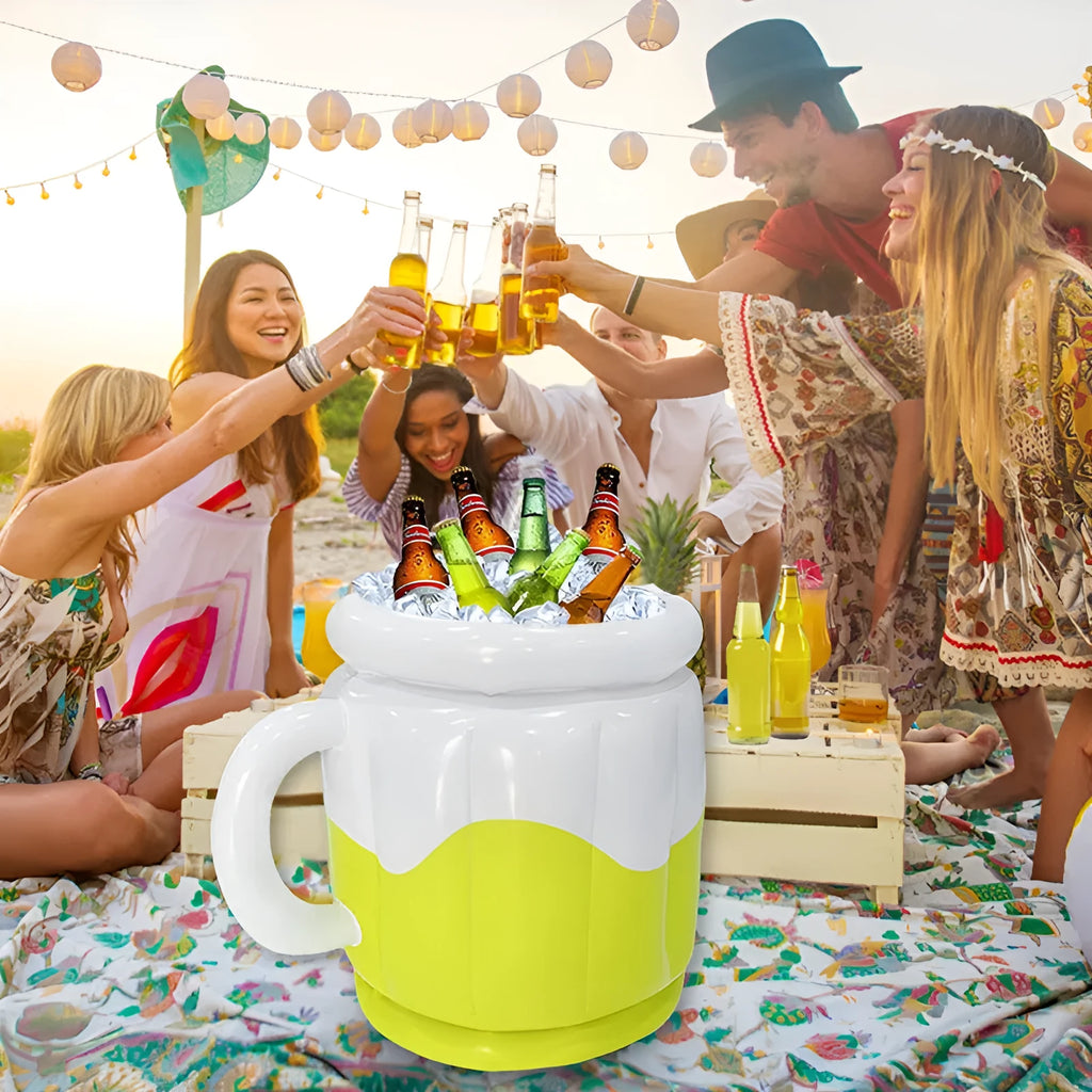 Yellow inflatable PVC ice bucket designed for cooling 2L beer steins at outdoor events