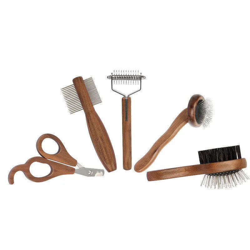 Wooden pet grooming set with comb, rake comb, and nail clippers in storage bucket