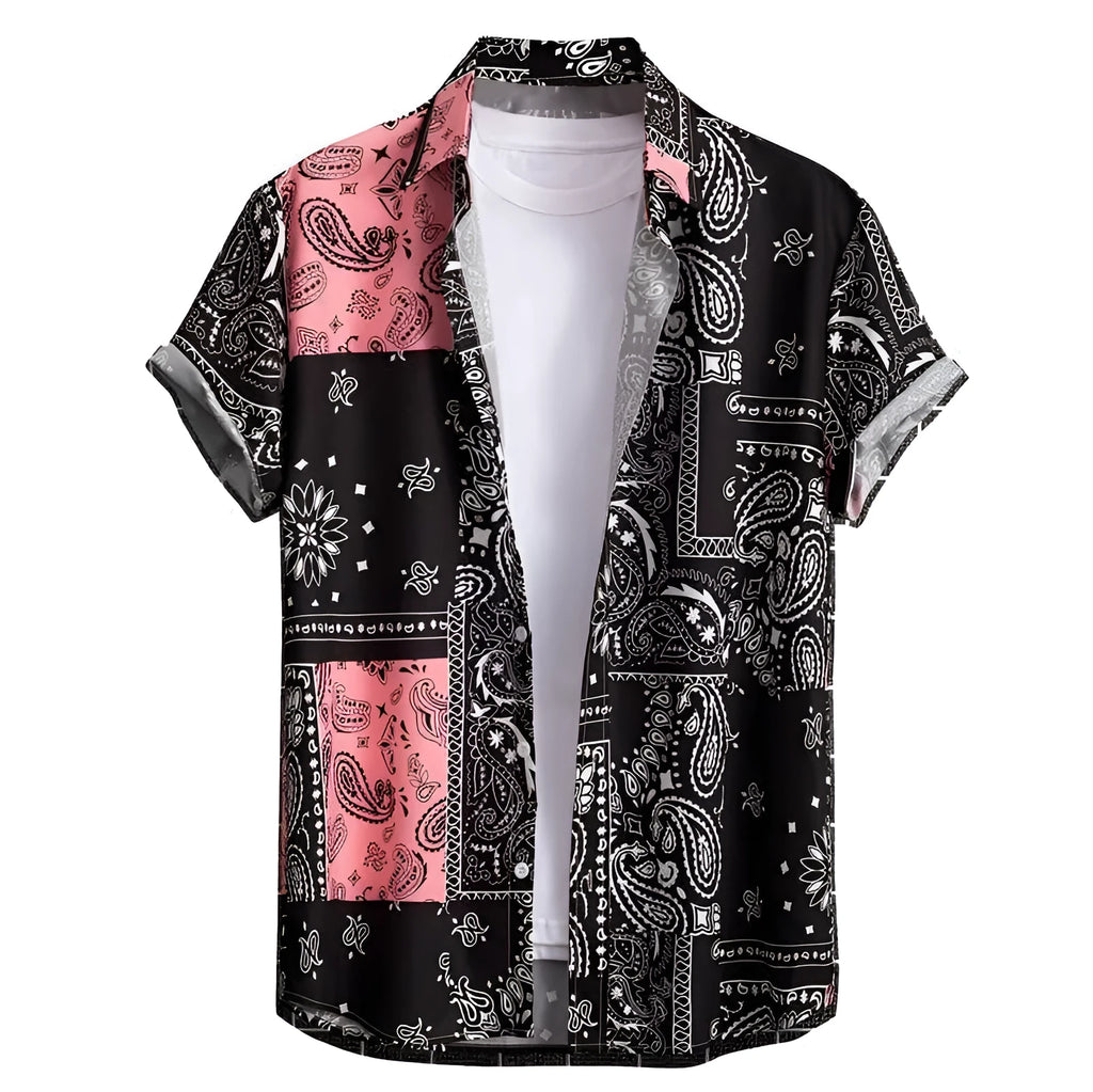 Men's slim fit Hawaiian short sleeve shirt in elastic polyester fabric