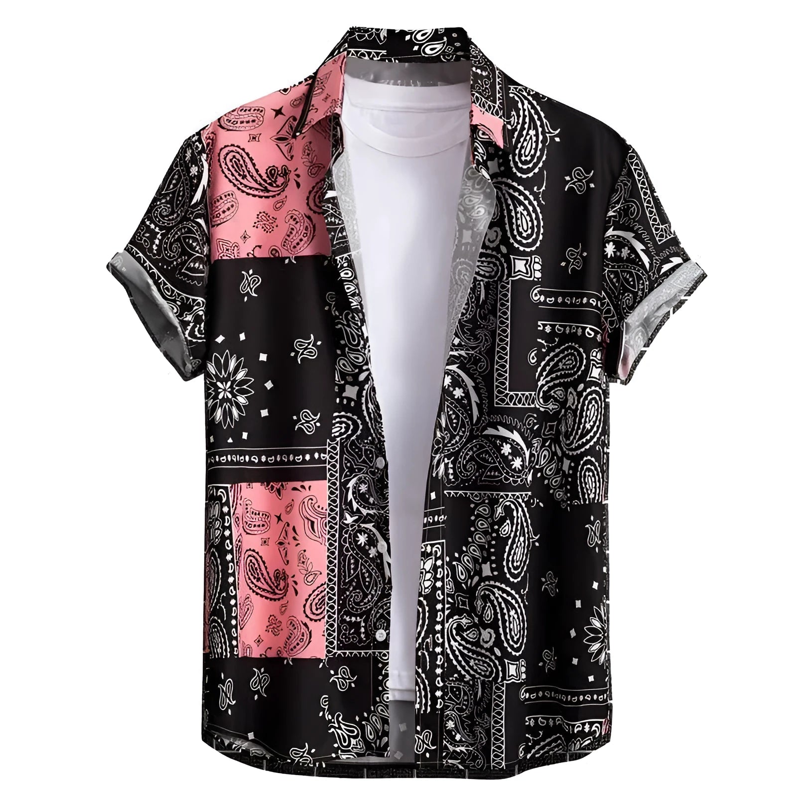 Men's slim fit Hawaiian short sleeve shirt in elastic polyester fabric