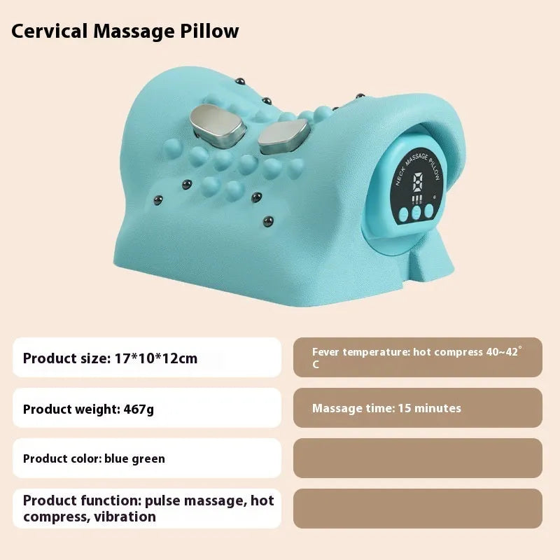 Blue-green cervical spine massage pillow showing compact 17cm design with EMS and hot compress functions