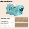Blue-green cervical spine massage pillow showing compact 17cm design with EMS and hot compress functions
