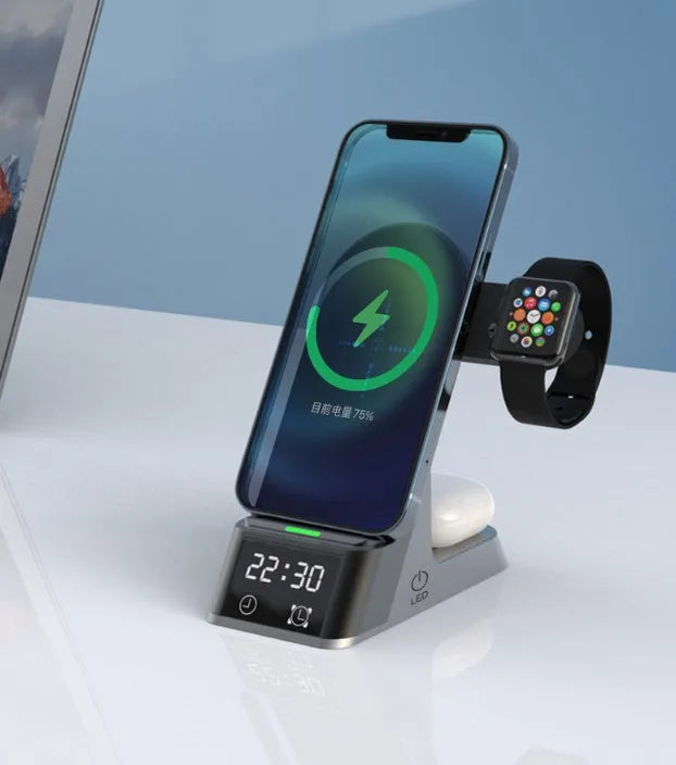 Black multifunctional alarm clock wireless charging station with digital display