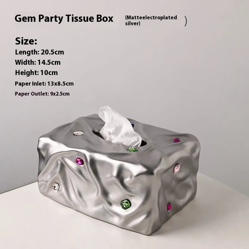 Ceramic tissue box with gem party decoration in matte coconut milk white colour
