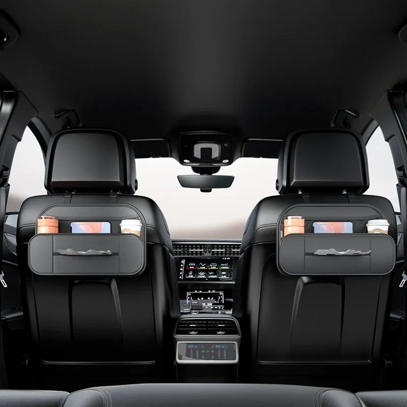 Black leather car seat rear storage bag with adjustable dividers for vehicle organisation