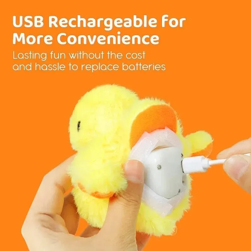 Yellow flapping duck cat plush toy with rechargeable battery and removable washable cover