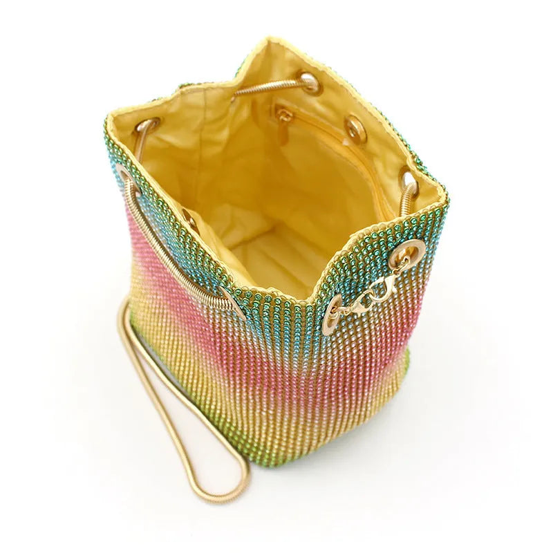 Rainbow rhinestone bucket bag with diamond decoration and soft fabric texture