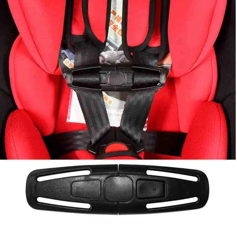 Black nylon PA66 seat belt clip for child safety seats measuring 14.5 x 4 cm