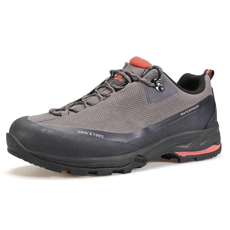 Men's low-top casual hiking boots in black with leather mesh upper and lace-up front.