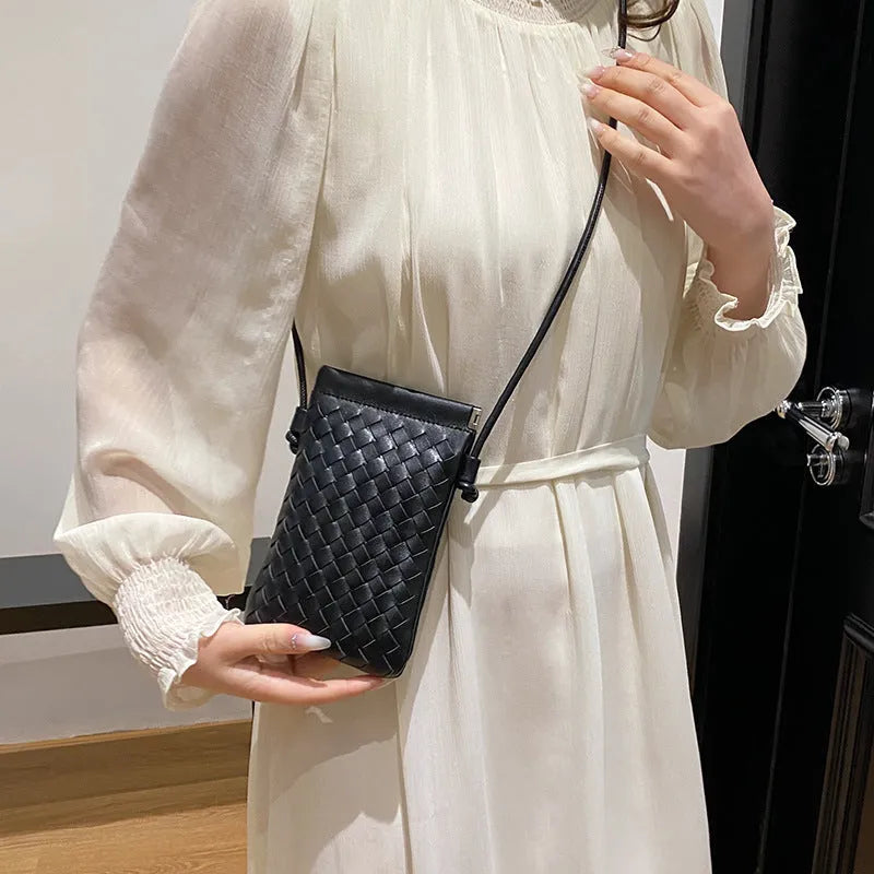 Vintage weave pattern PU leather crossbody phone bag in vertical square shape showing dark cell interior