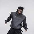 Men's loose fit grey hooded sweater with heavy shoulder pads and a three-dimensional printed pattern on the front.