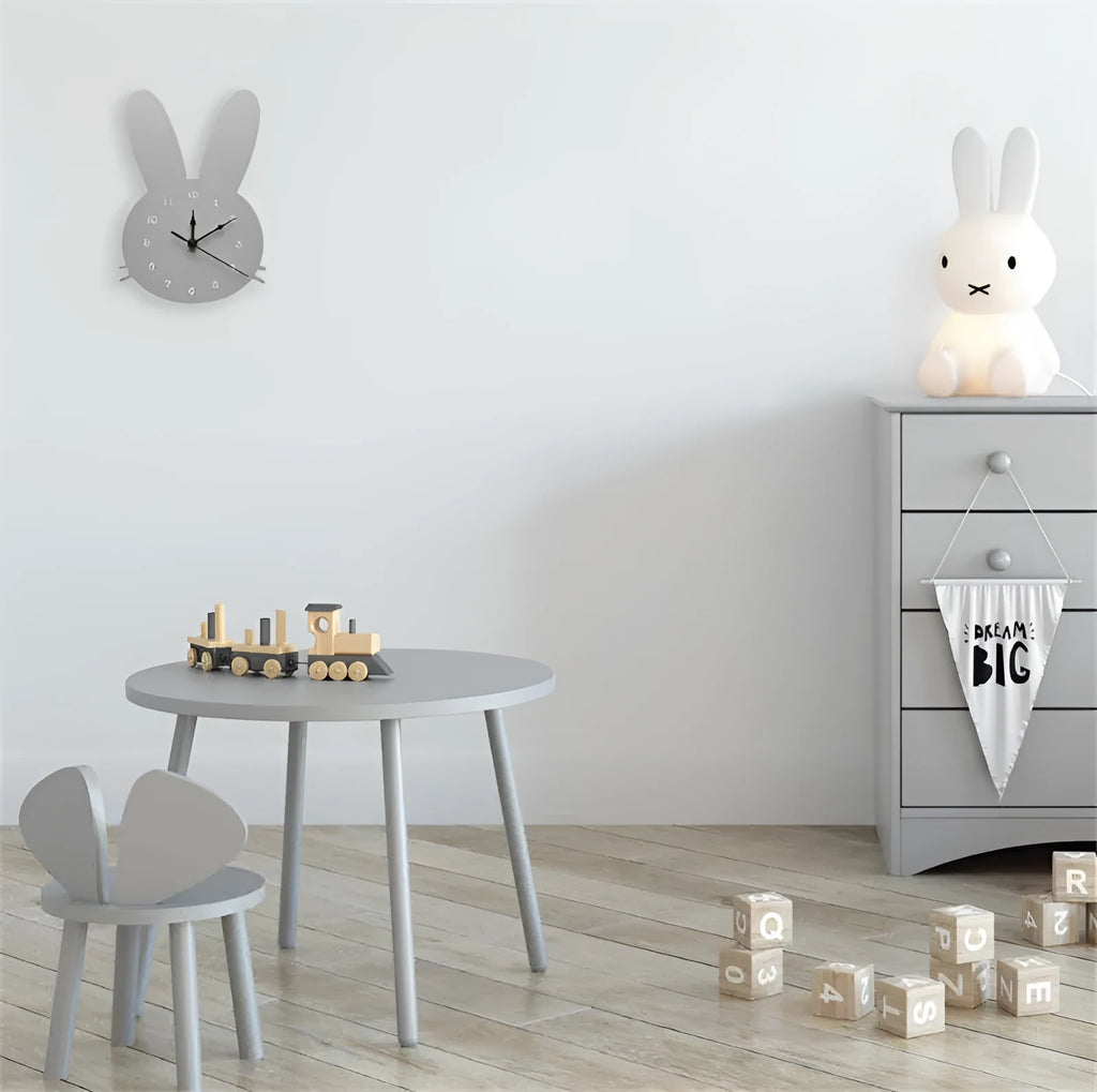 Wooden cartoon wall clock with battery movement in children's design like rabbit, crown or alien shape