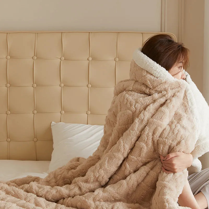 Polyester thermal flannel blanket in tea green colour on a bed, showing modern simplicity design.