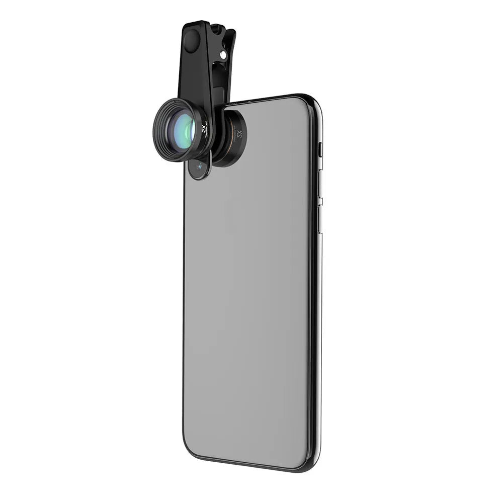6-in-1 universal smartphone camera lens kit showing fisheye, wide angle, macro and telephoto lenses in black aluminium housings