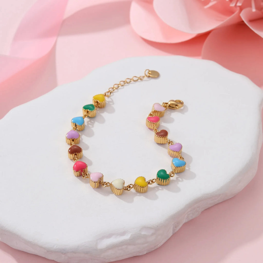 Love heart-shaped titanium steel bracelet with colourful oil finish in gold and steel colour options