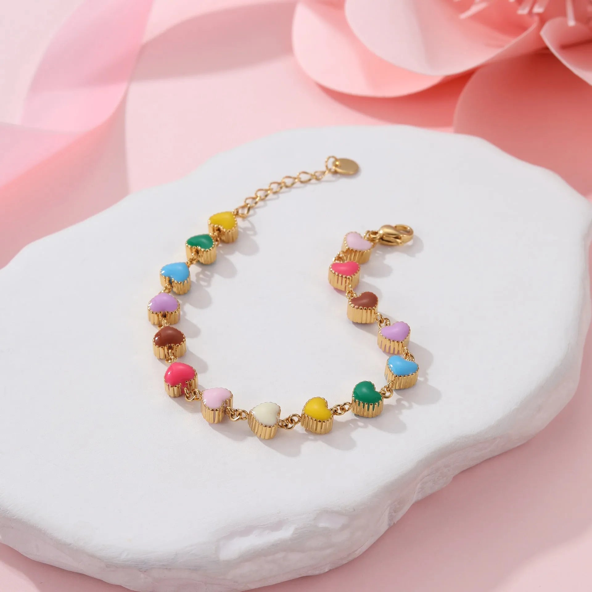 Love heart-shaped titanium steel bracelet with colourful oil finish in gold and steel colour options