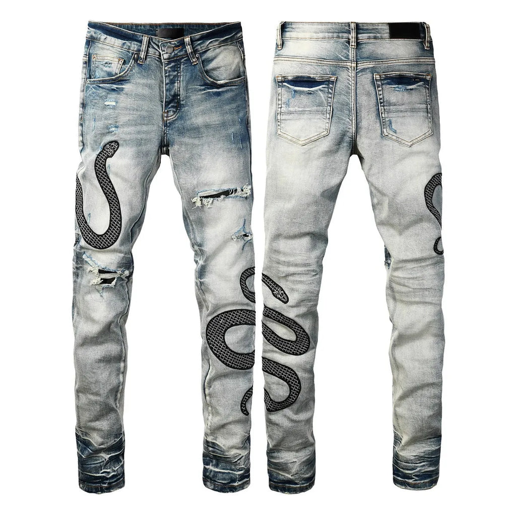 Distressed skinny jeans in mid-wash blue with street fashion styling and micro elasticity cotton fabric