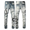 Distressed skinny jeans in mid-wash blue with street fashion styling and micro elasticity cotton fabric