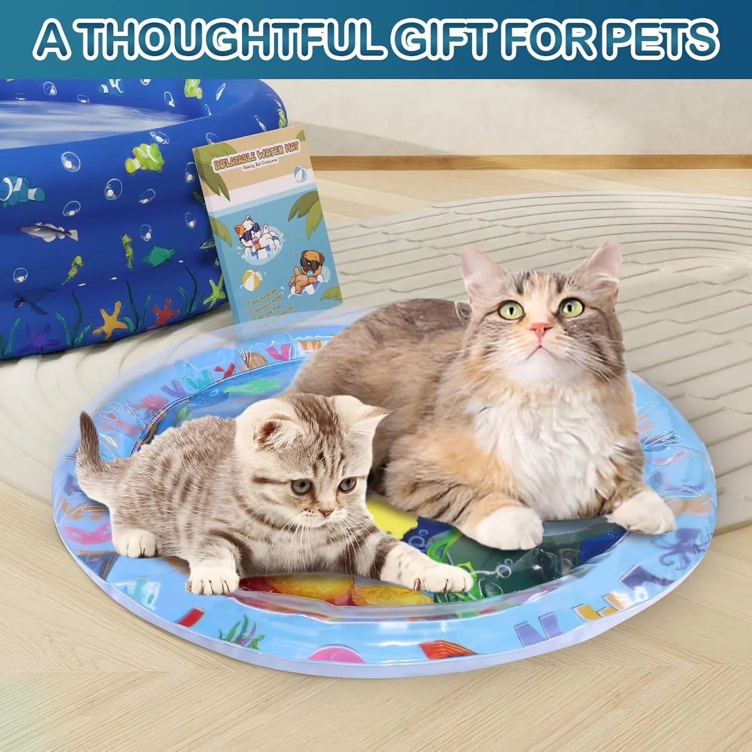 Thickened PVC water playmat for cats and dogs on floor with floating fish toys inside.