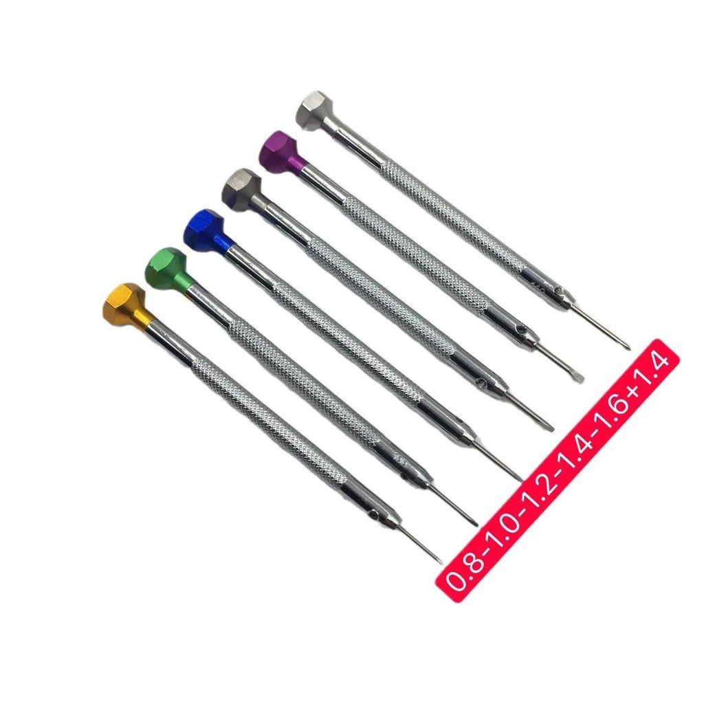 Six colour-coded watch repair screwdrivers with copper handles in an aluminium case.