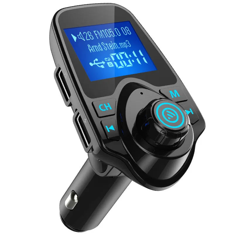Black car Bluetooth hands-free FM transmitter with USB port and TF card slot for music playback