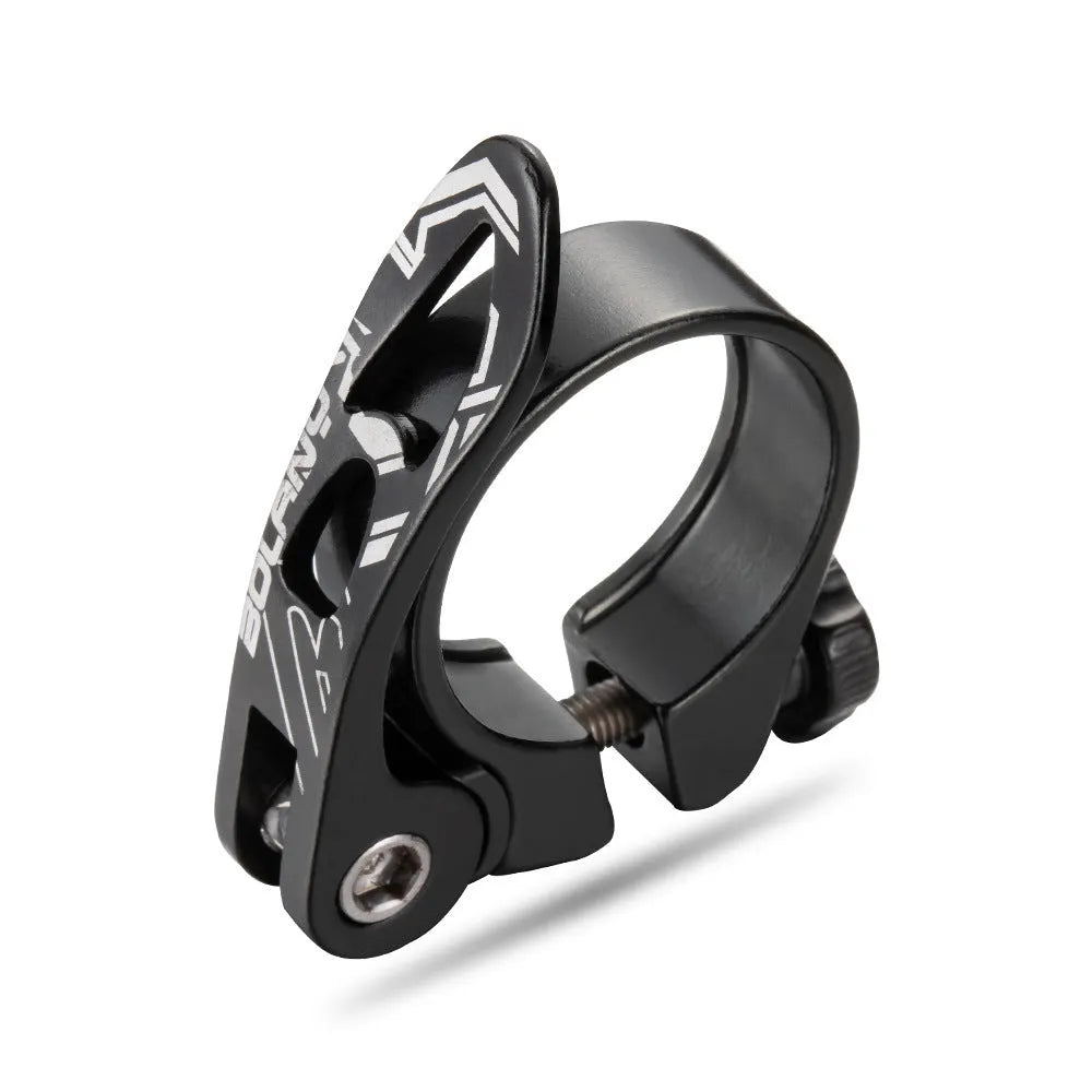 Aluminium alloy bicycle seat post clamp in black, blue, gold, or red, showing 31.8mm and 34.9mm size options.