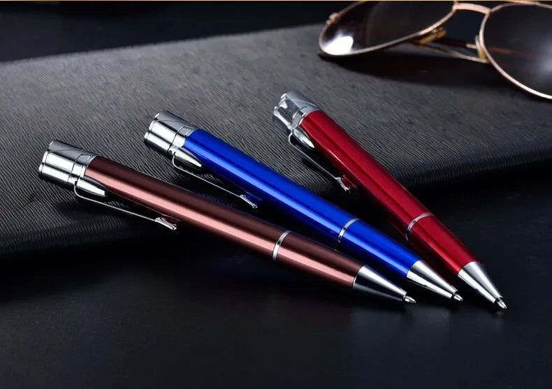 A slim metal pen-style jet flame lighter in a choice of colours, shown with a windproof blue flame.