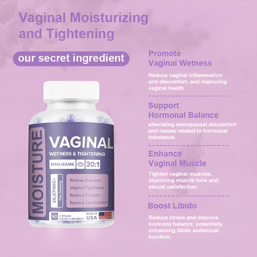 Bottle containing 60 vaginal capsules with extraction-produced botanical supplement for adult women