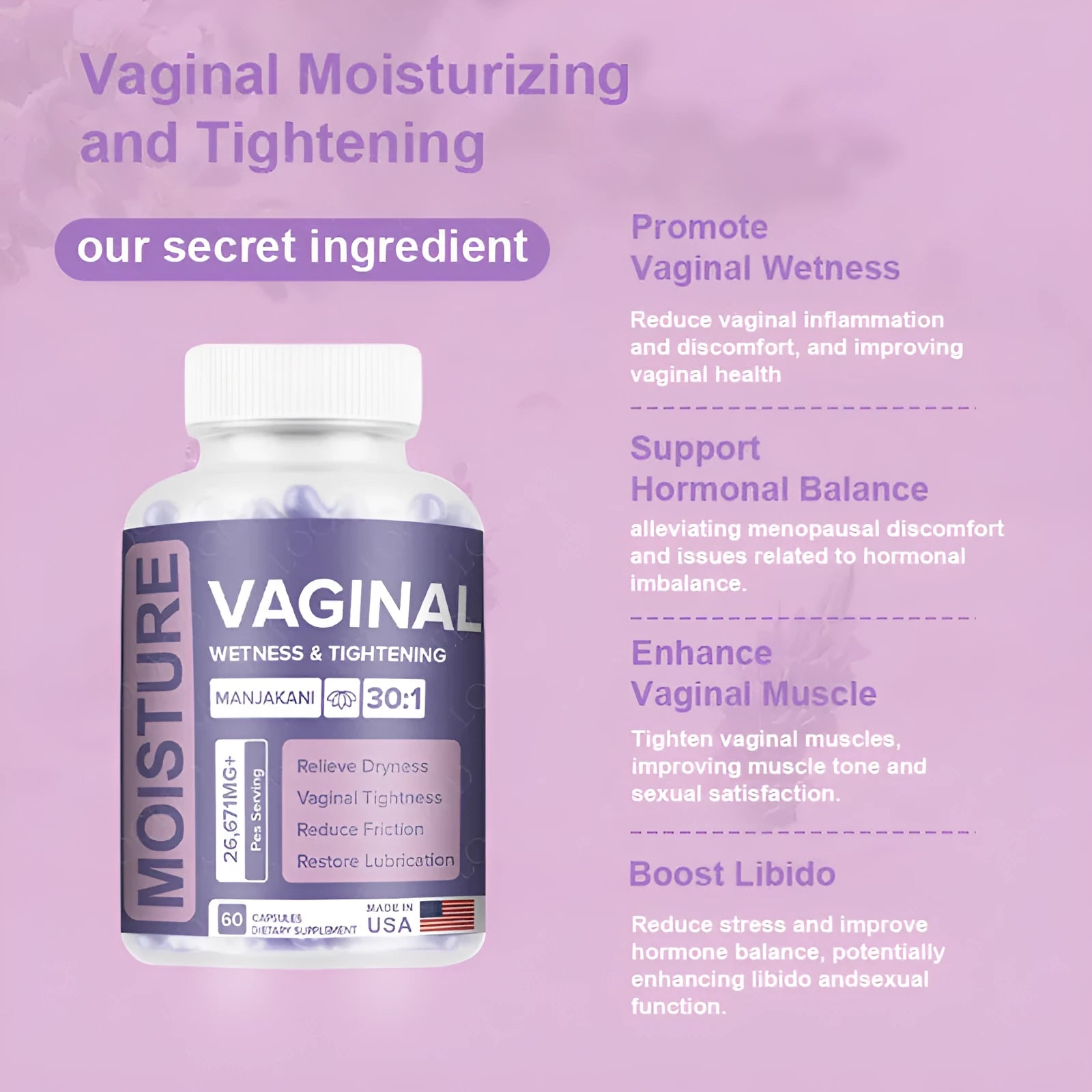 Bottle containing 60 vaginal capsules with extraction-produced botanical supplement for adult women