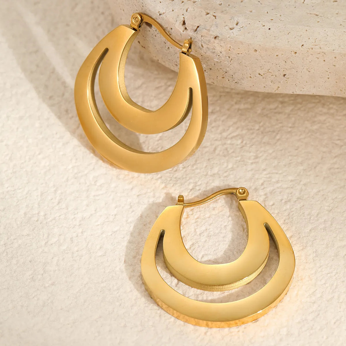 Geometric French earrings with round ring design in gold plated 18K stainless steel for women