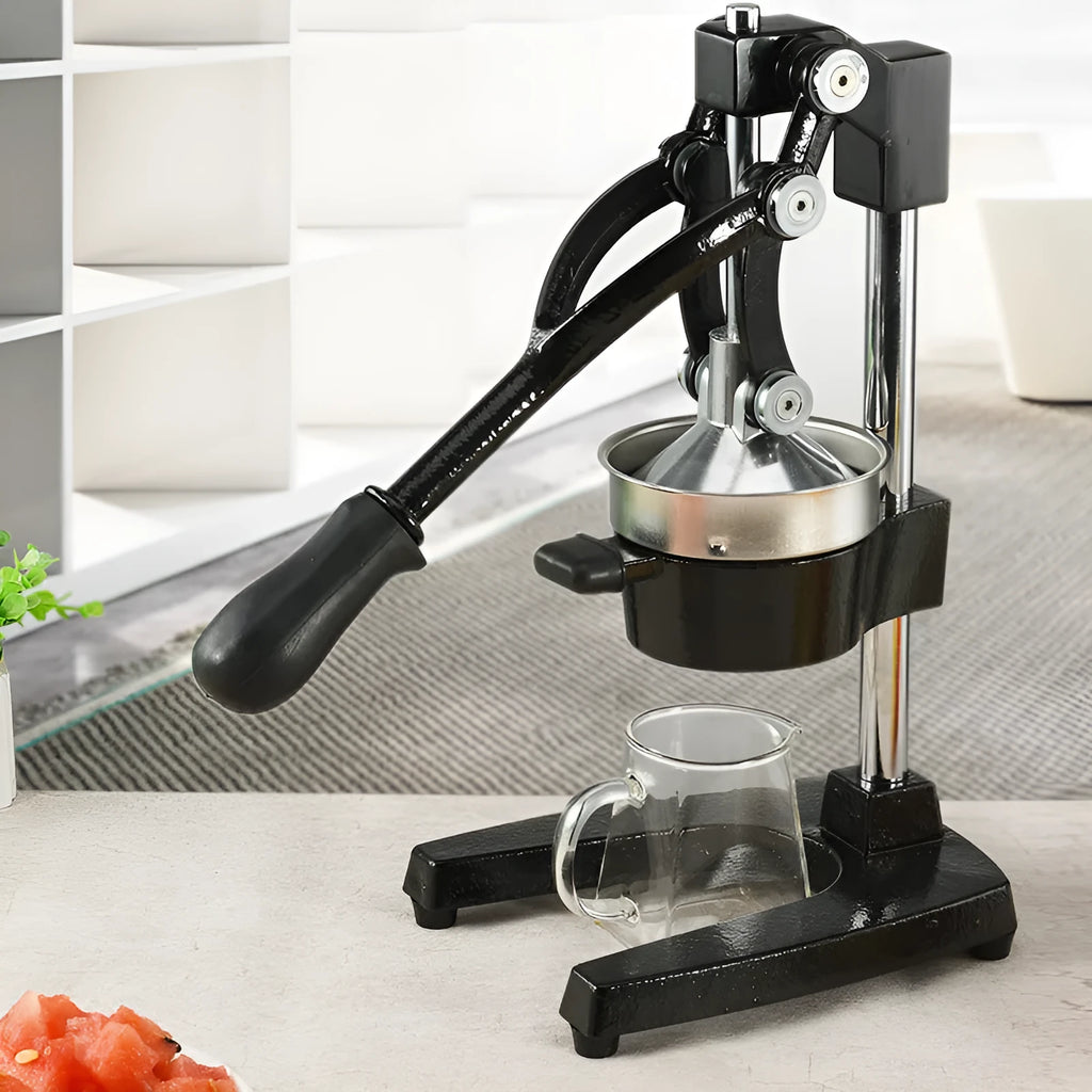 Black manual cast iron citrus juicer with stainless steel strainer on a kitchen counter.