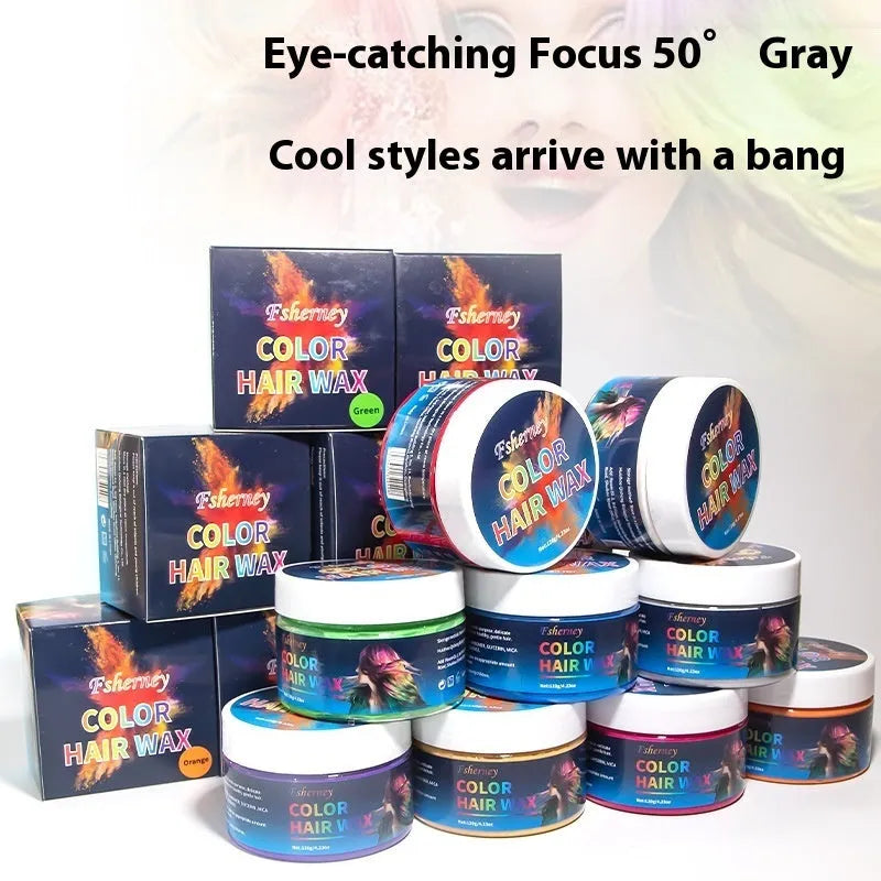 Hair styling clay in ten colours including white, orange, red, yellow, blue, green, purple, rose red, and granny grey
