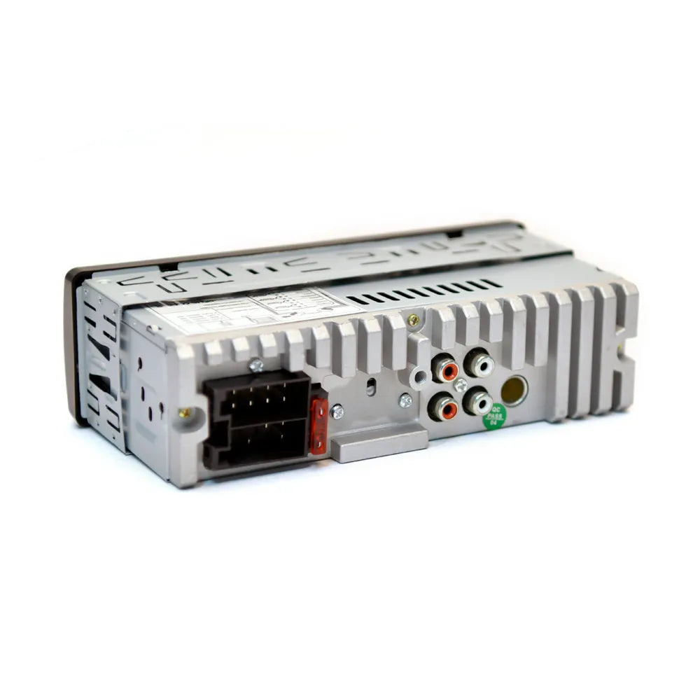 Front view of a car stereo with LCD display, control knobs, USB port, and card slot.