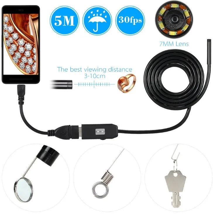 OWSOO USB endoscope camera with 5m cable, 6 LED lights, magnet, and hook accessories on a white background.