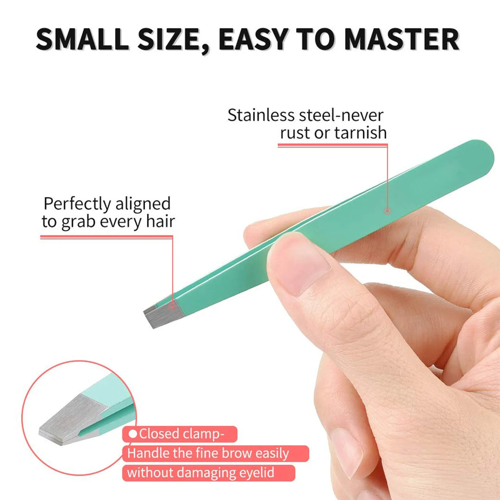 Six-piece stainless steel eyebrow tweezers set with curved scissors and leather case
