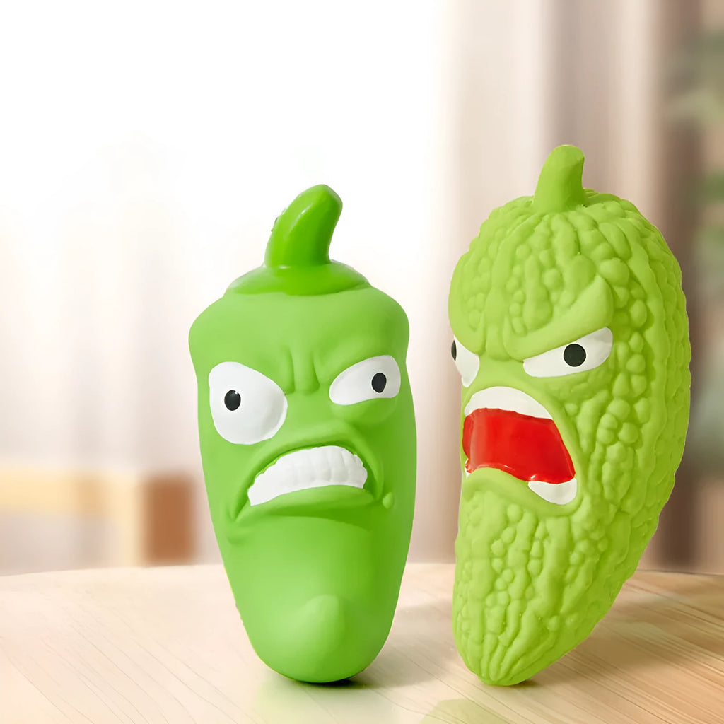 Bitter melon or chili shaped dog chew toy with textured surface for teeth cleaning and pet sound.