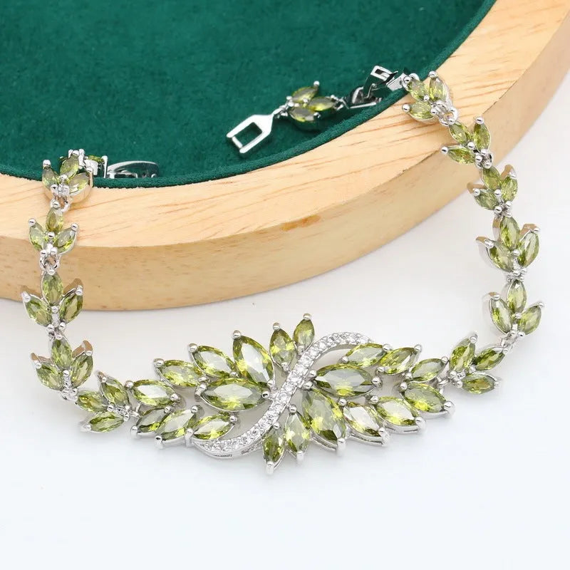 Retro plants and flowers pattern jewellery set with necklace, bracelet, earrings, and ring in olive purple colours