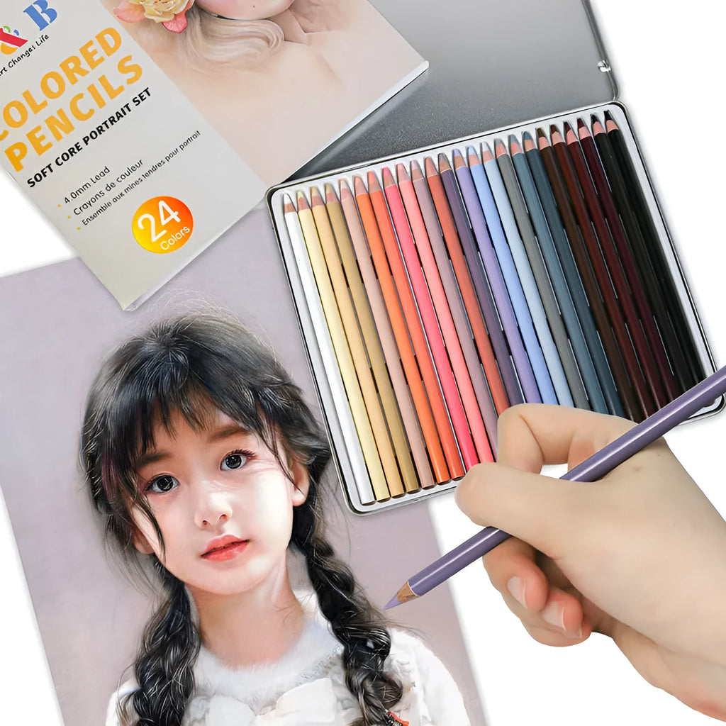 24 skin colour pencils for portrait painting in round iron box container