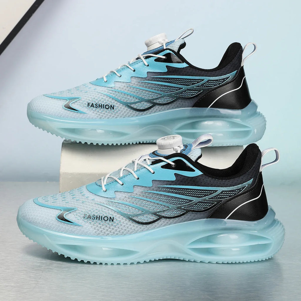 Casual breathable sneakers in black gold, featuring a PU mesh upper, rubber sole, and round toe lace-up design.